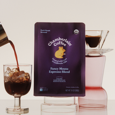 Organic Espresso Dark Roast Coffee Blend Ground Product Shot Front Lifestyle